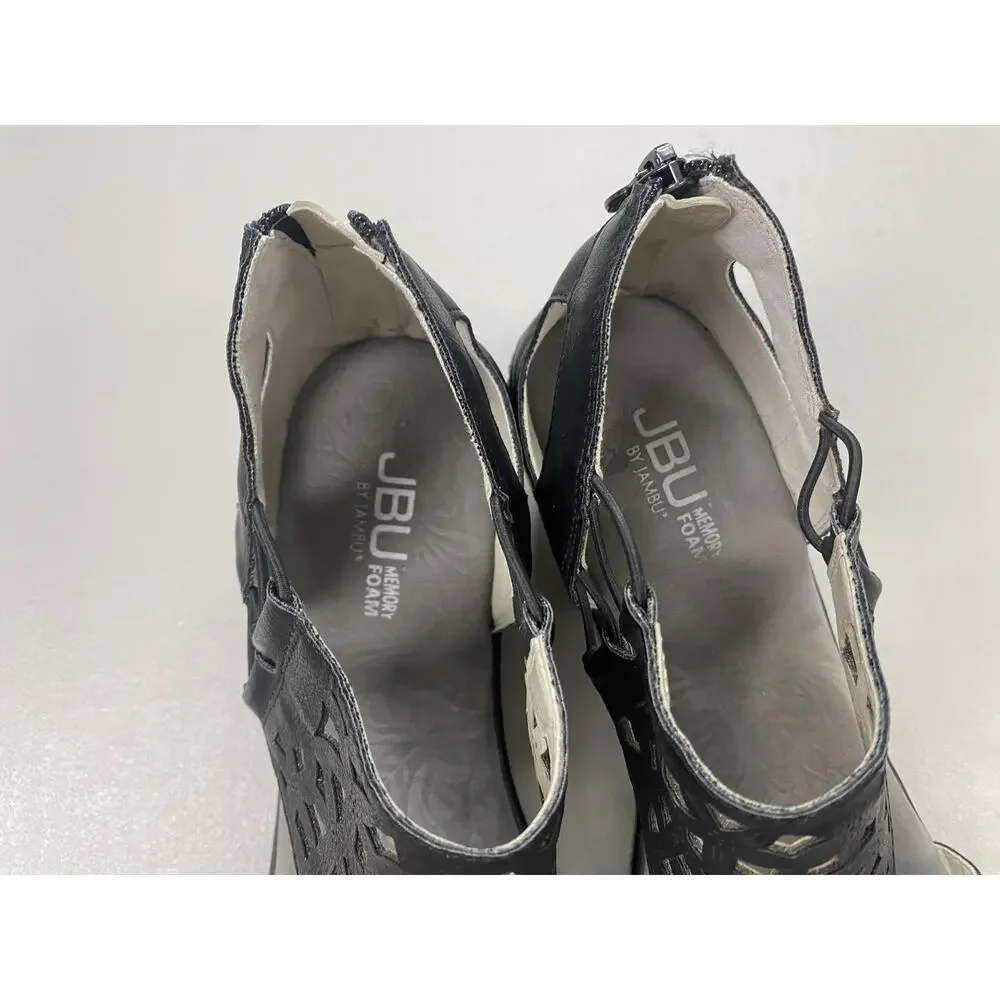 JBU Wedge Sandals Womens 11 Black Vegan Isla Zip Memory Foam Cutout Strappy